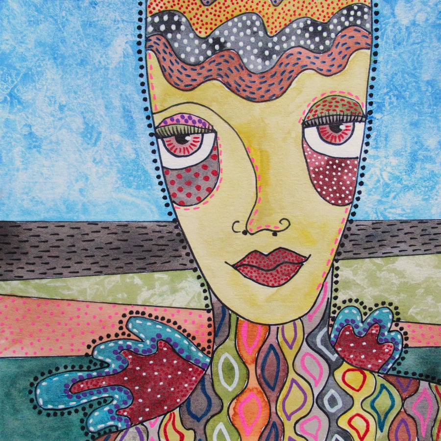 Small Portrait Painting Illustration Watercolour & Pen Outsider Folk Art Figure