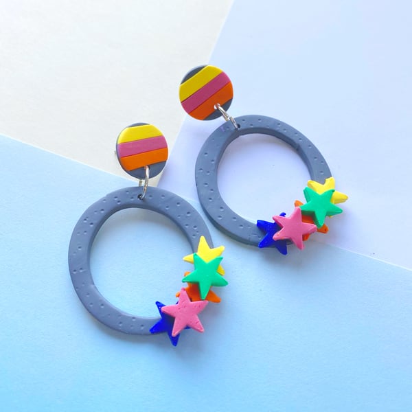 3d star hoop earrings, dot hoop earrings, polymer clay hoop earrings, circle ear
