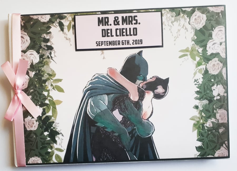 Personalised Batman and Catwoman comics, superheroes wedding guest book