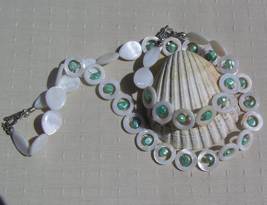 SALE - White Shell Necklace & Bracelet Set, Aqua Pearl and Mother of Pearl
