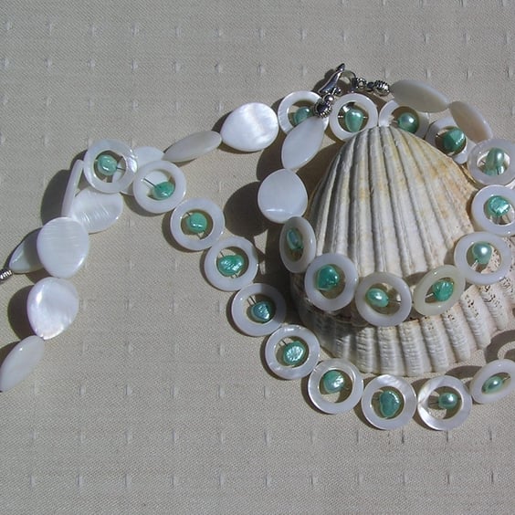 SALE - WhiteMother of Pearl Shell & Aqua Pearl Beaded Necklace & Bracelet Set