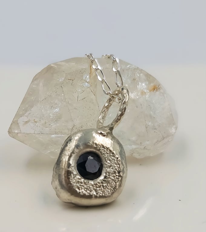 Molten Sterling Silver Sapphire Pendant – Handmade Organic Silver Necklace