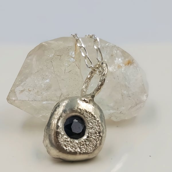 Molten Sterling Silver Sapphire Pendant – Handmade Organic Silver Necklace