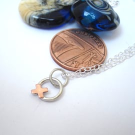 Copper Kiss, Silver Hug Necklace. XOXO, Silver Necklace A Kiss & A Hug