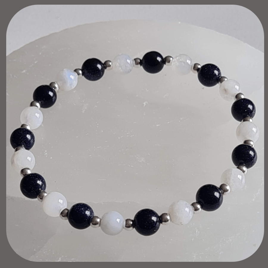'Night Sky' Moonstone and Blue Goldstone Sterling Silver Stacker Bracelet