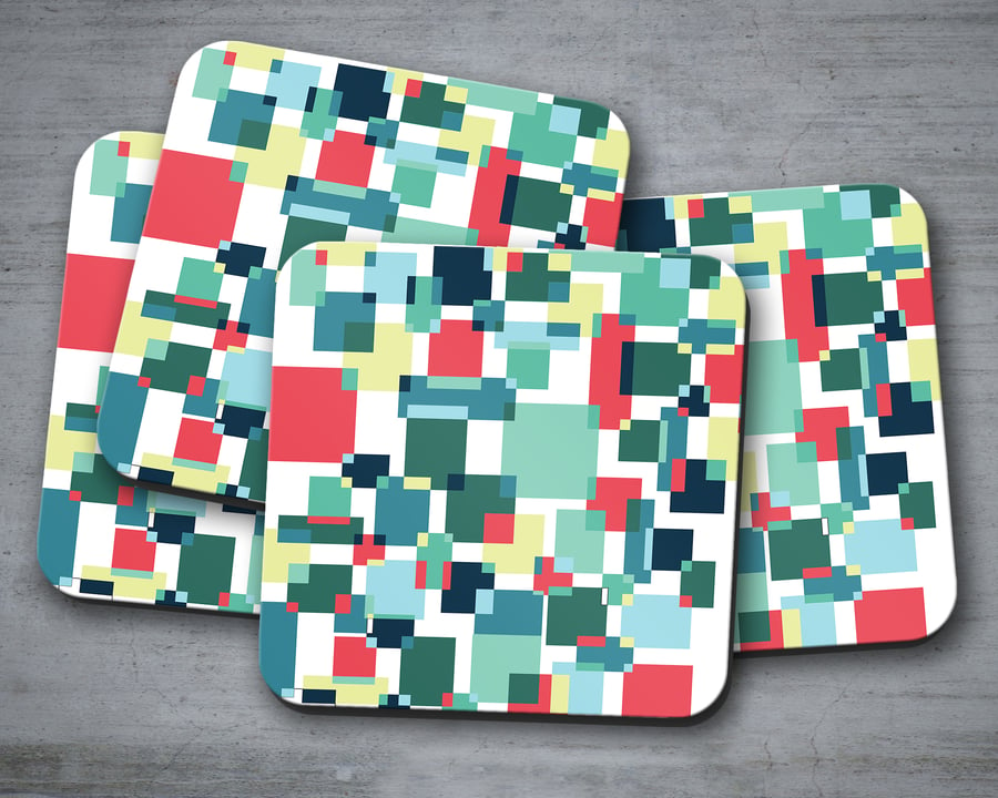 Set of 4 Multicoloured Geometric Squares Design Coasters, Drinks Mat