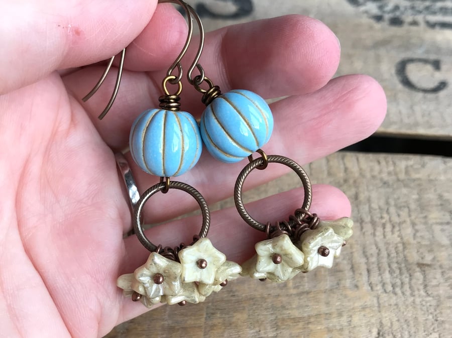 Blue & Cream Artisan Ceramic Earrings. Bohemian Glass Flower Cluster Earrings
