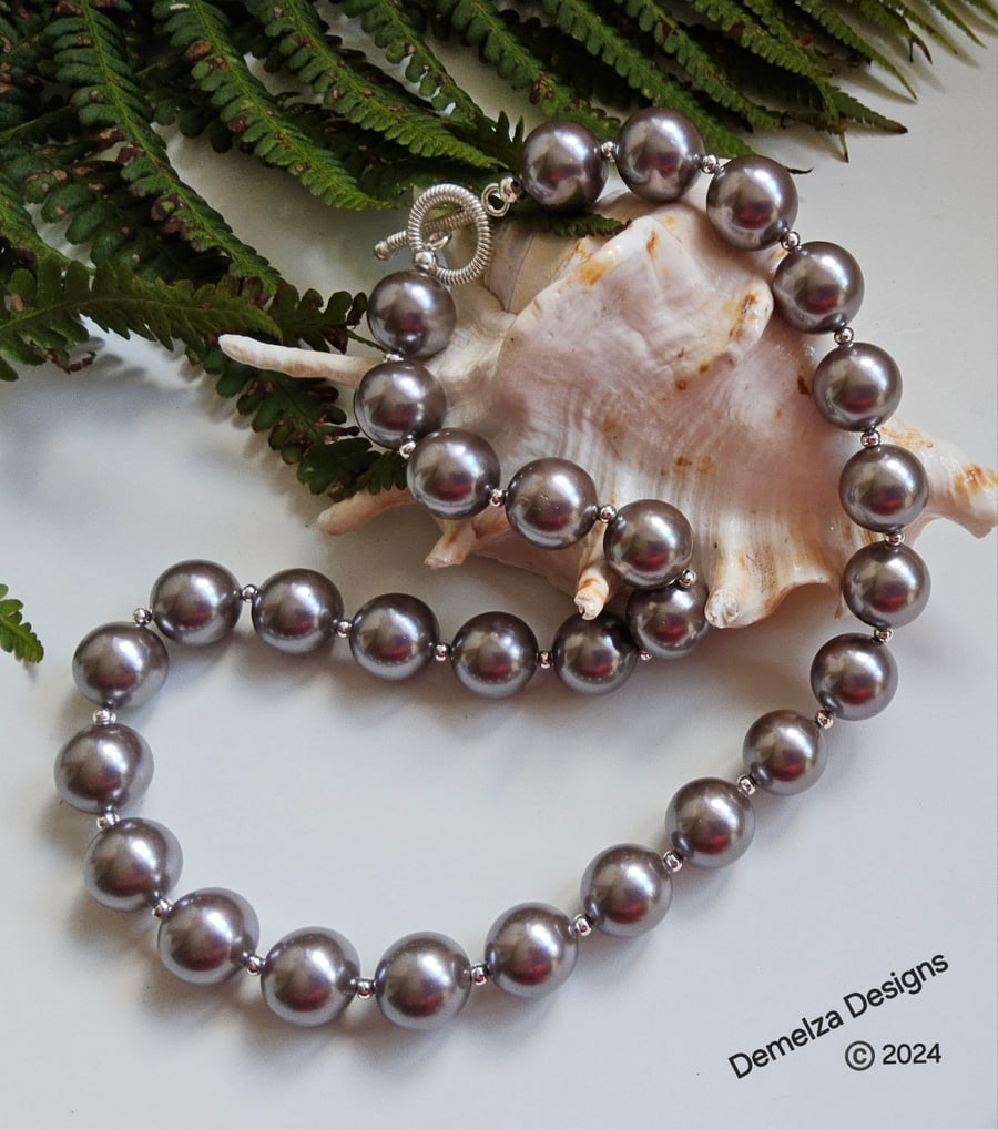 Statement Large Ash Gray Shell Pearl  Winter Necklace Silver Plated