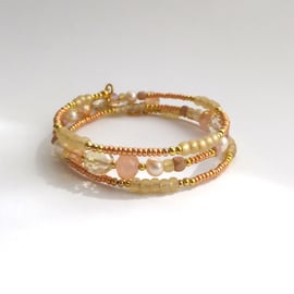 Gold, Copper and Peach Bangle with real pearls