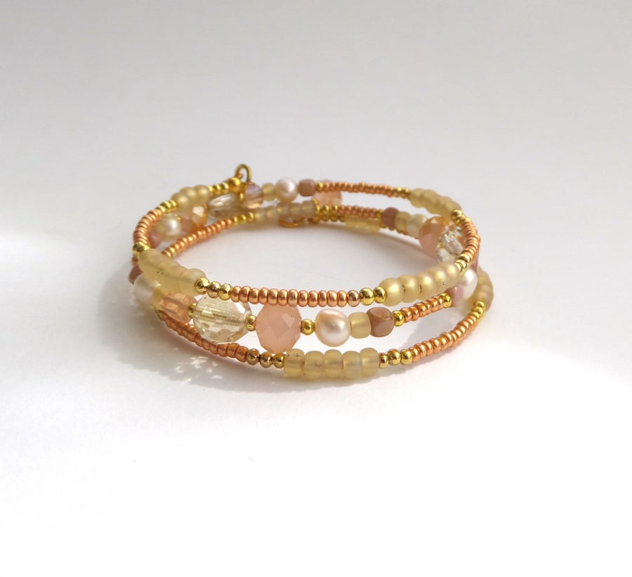 Gold, Copper and Peach Bangle with real pearls
