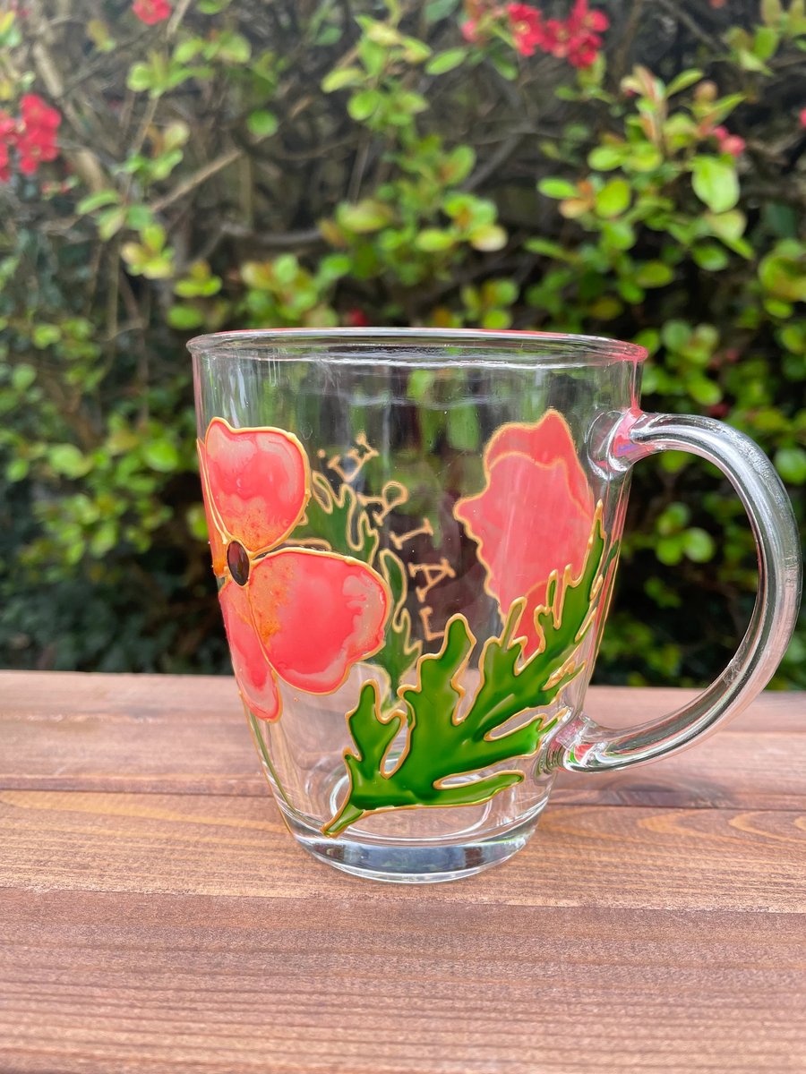 Hand Painted Glass Mug Poppy Gifts with Personalisation