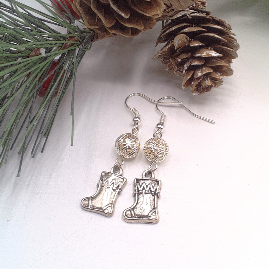 Silver Plated Christmas Stocking Charm and Silver Filigree Bead Earrings
