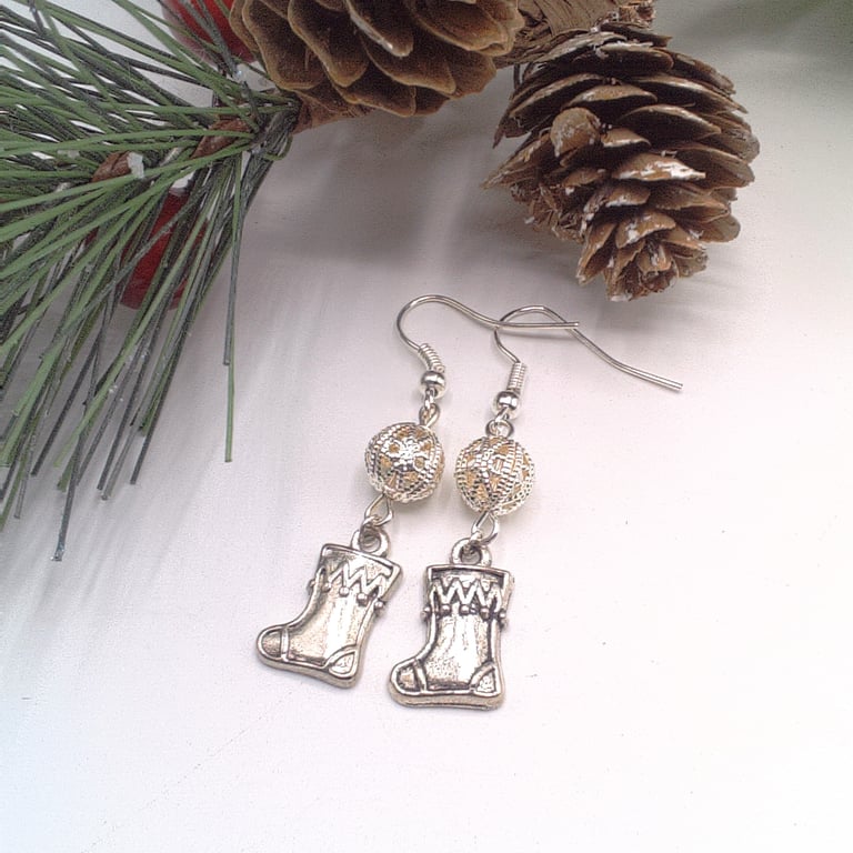 Silver Plated Christmas Stocking Charm and Silver Filigree Bead Earrings