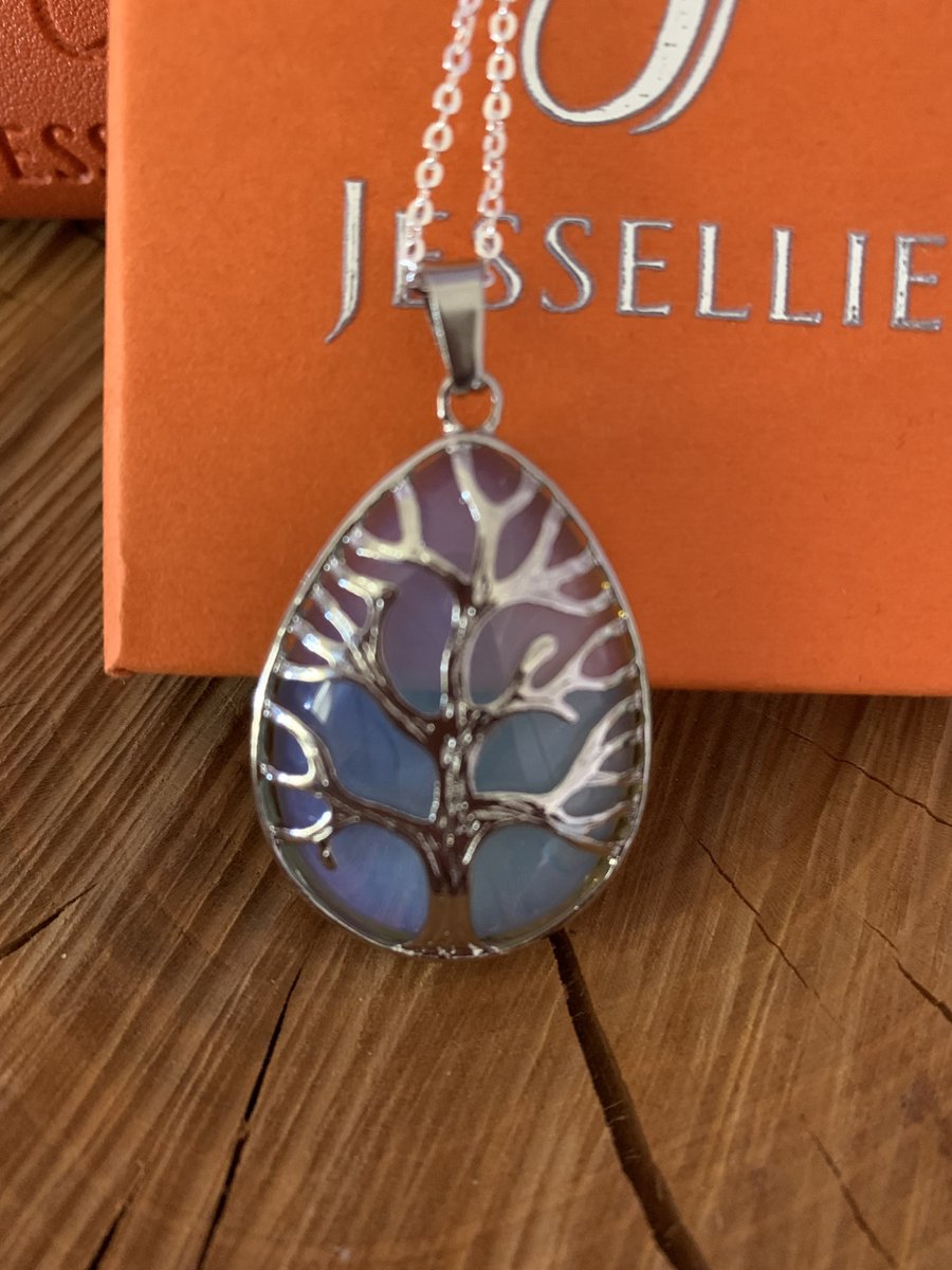 Opal Crystal Silver Tree Pendant Necklace