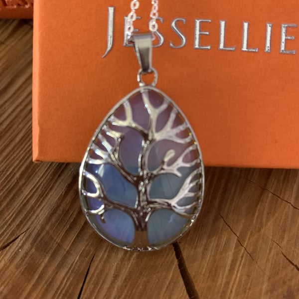 Opal Crystal Silver Tree Pendant Necklace