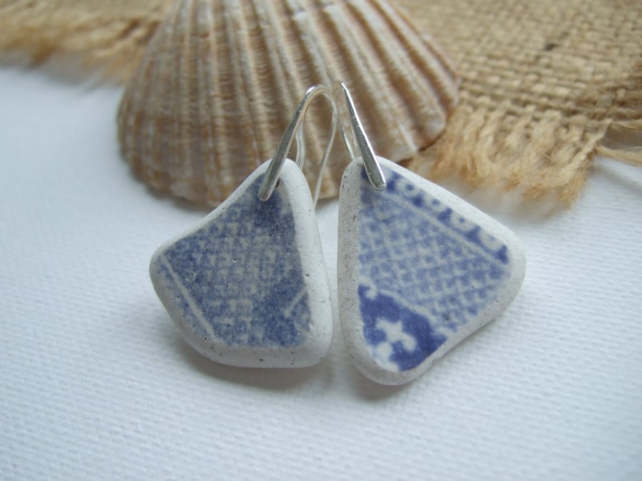 Scottish sea pottery blue jewelry, blue willow pattern sterling silver pottery
