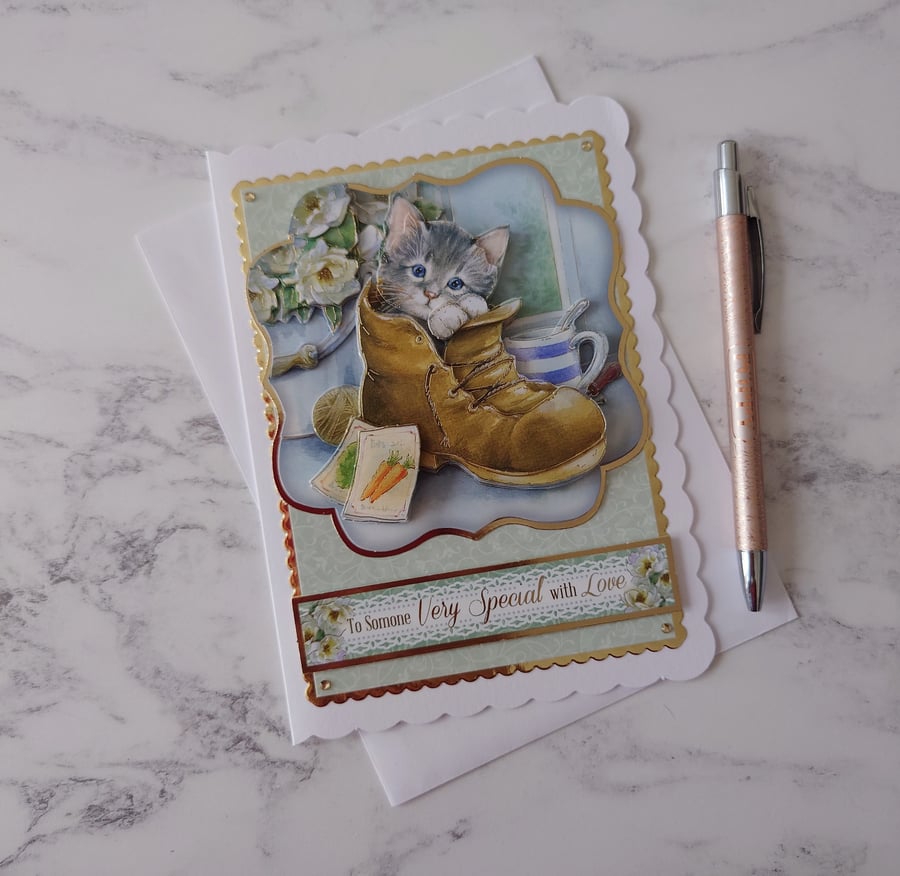 To Someone Very Special With Love Cat Boot Flowers 3D Luxury Handmade Card