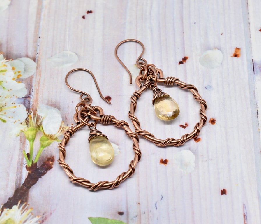 Wire Wrapped Citrine and Copper Hoop Earrings