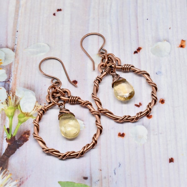 Wire Wrapped Citrine and Copper Hoop Earrings