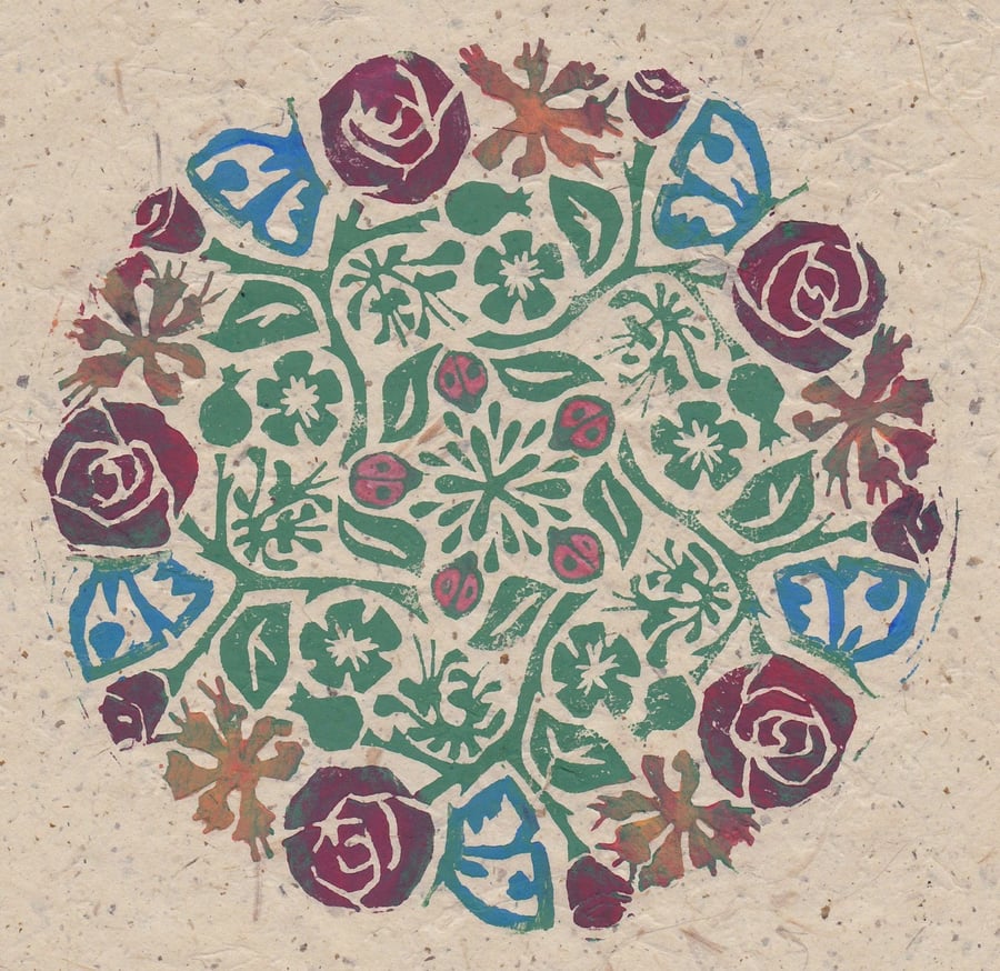 Rambling Roses Mandala Linocut Print