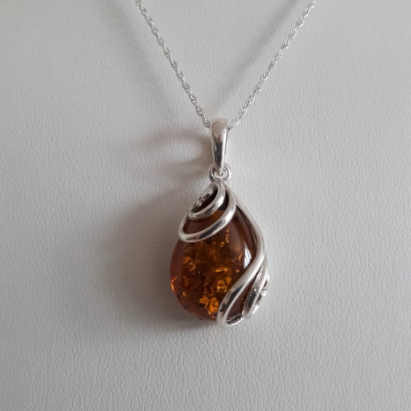 Amber Encased and Sterling Silver Necklace. Amber, Sterling Silver, Handmade