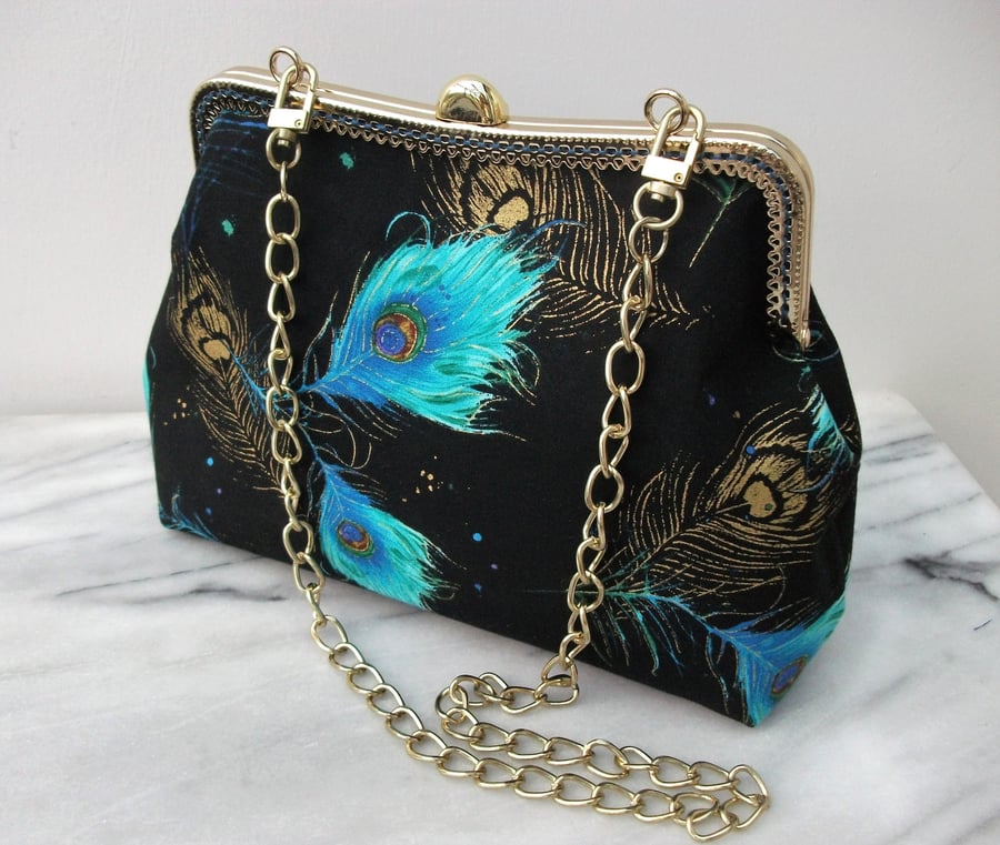 Clutch bag, evening bag, peacock pattern, gift for her, gift for mum, long handl