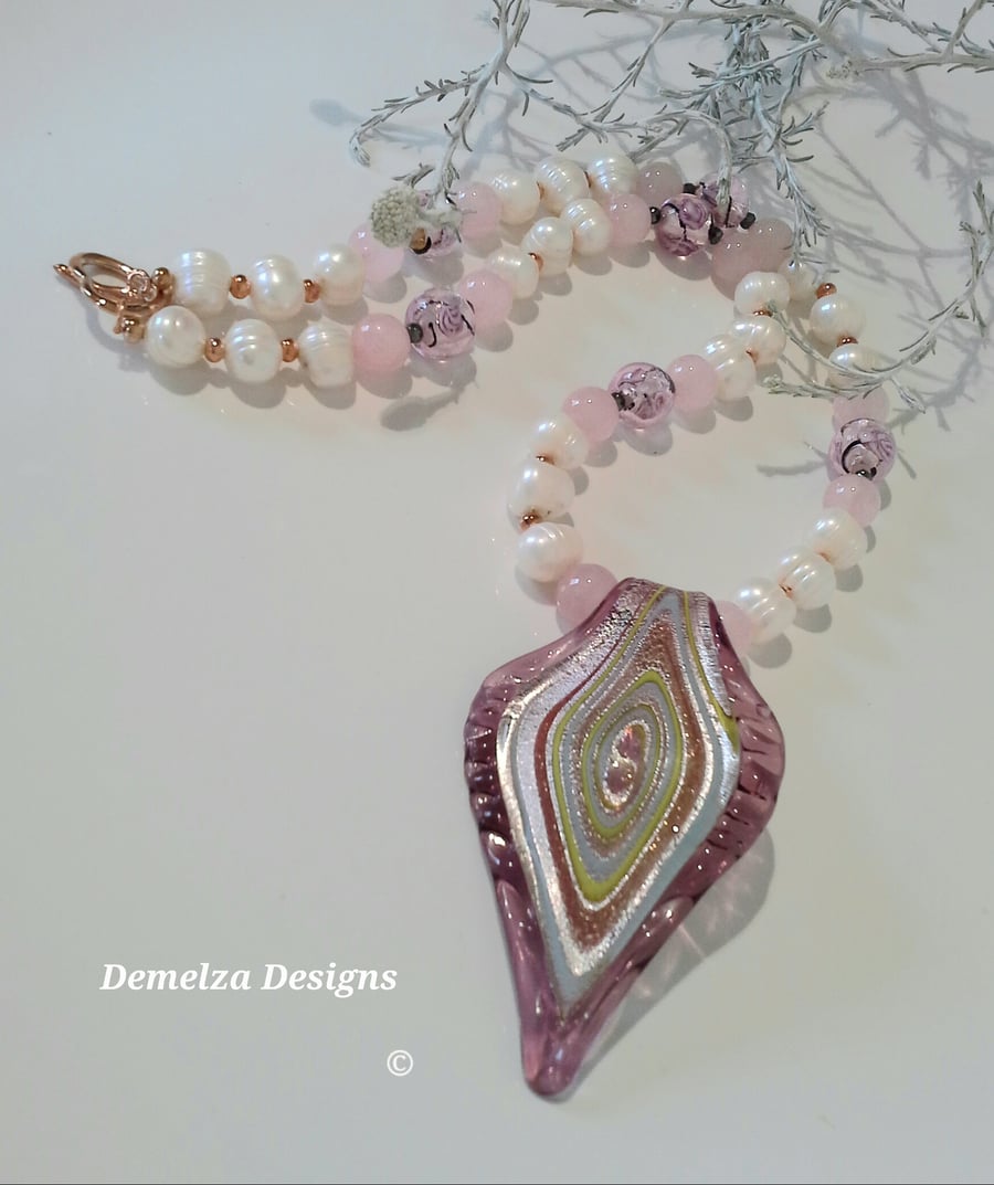 Designer Murano Glass , Freshwater Culture Pearls & Rose Quartz Necklace