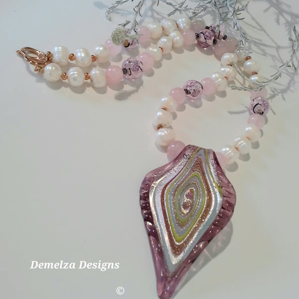 Vanitian Murano Glass , Freshwater Culture Pearls & Rose Quartz Necklace