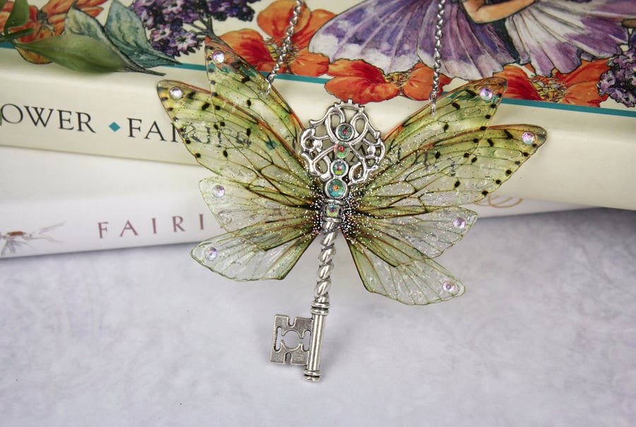 Enchanting Natural Sparkle Cicada Fairy Wing Key Necklace Pendant - Butterfly 