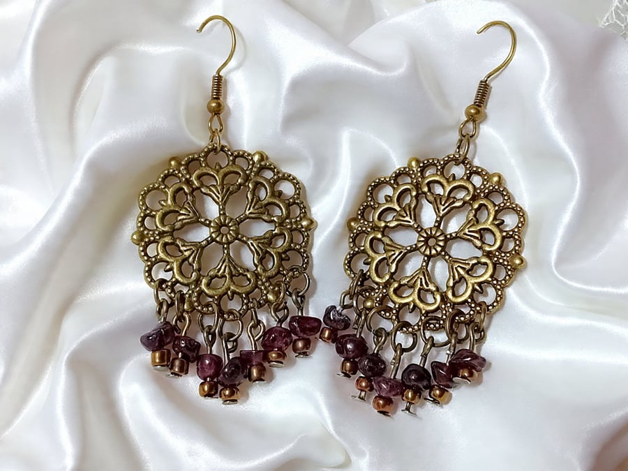 Garnet & Bronze Bohemian Earrings