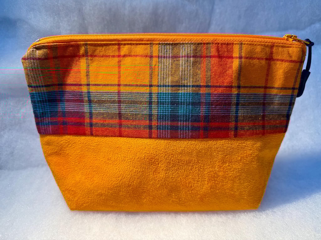 Orange tartan - Medium zipped pouch for toiletries, make-up, art etc..