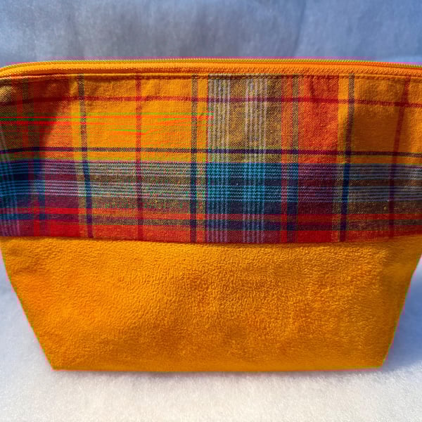 Orange tartan - Medium zipped pouch for toiletries, make-up, art etc..