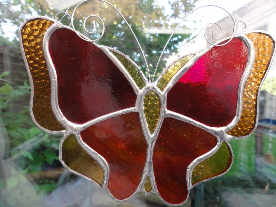 Stained Glass Butterfly Suncatcher - Red and Amber