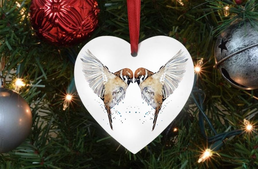 Sparrows Heart Tree Decoration.Sparrow Xmas Tree Decoration,Sparrow Christmas Tr