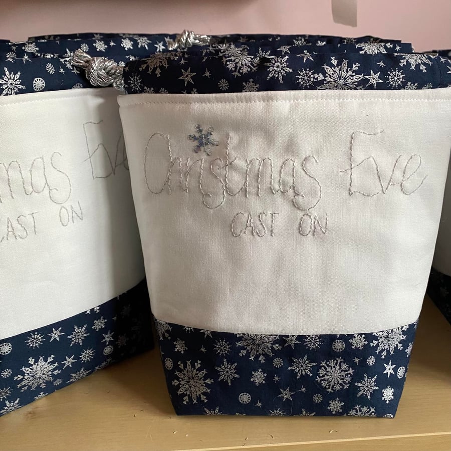 'Christmas Eve Cast On' Project Bag with Hand Embroidery - Navy-Silver Snowflake