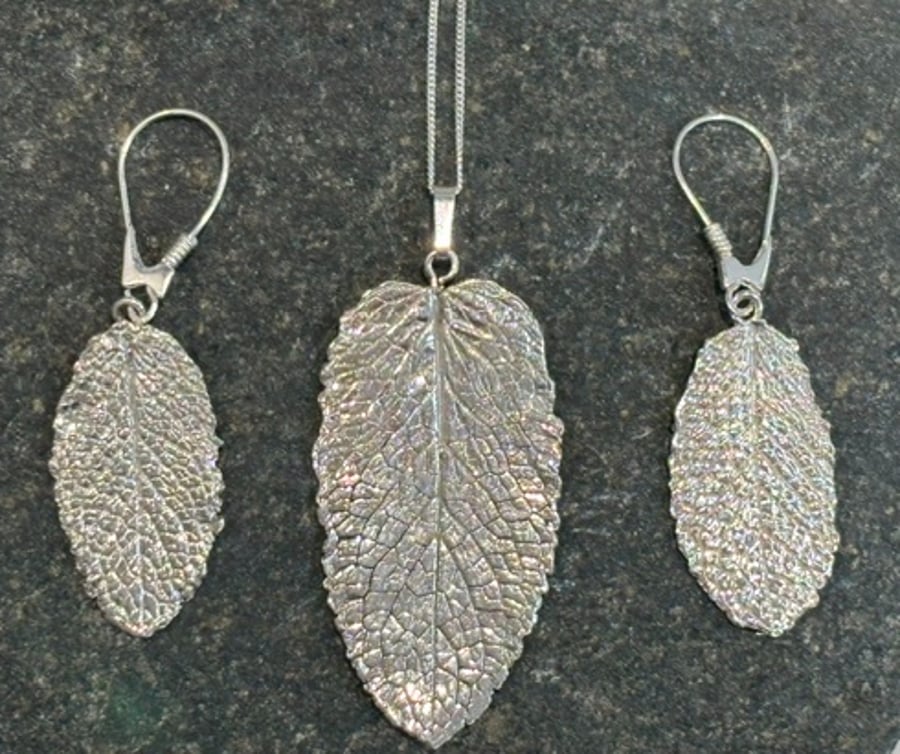 Hand Made .999 Silver Mint Leaf  Earring and Pendant Set