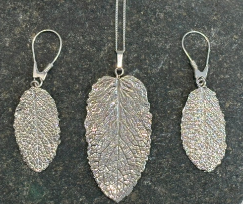 Hand Made .999 Silver Mint Leaf  Earring and Pendant Set