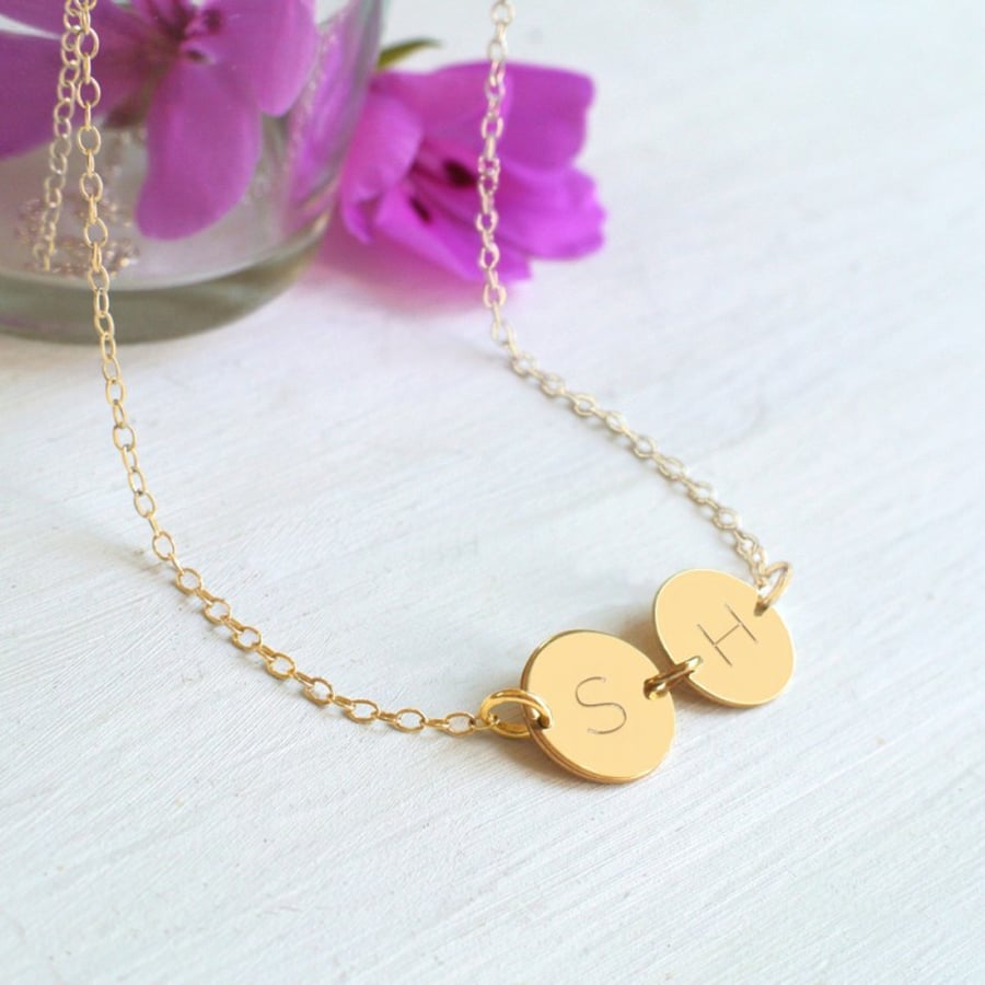Personalised Gold Double Initial Disc Pendant Necklace, Valentine's Day gift