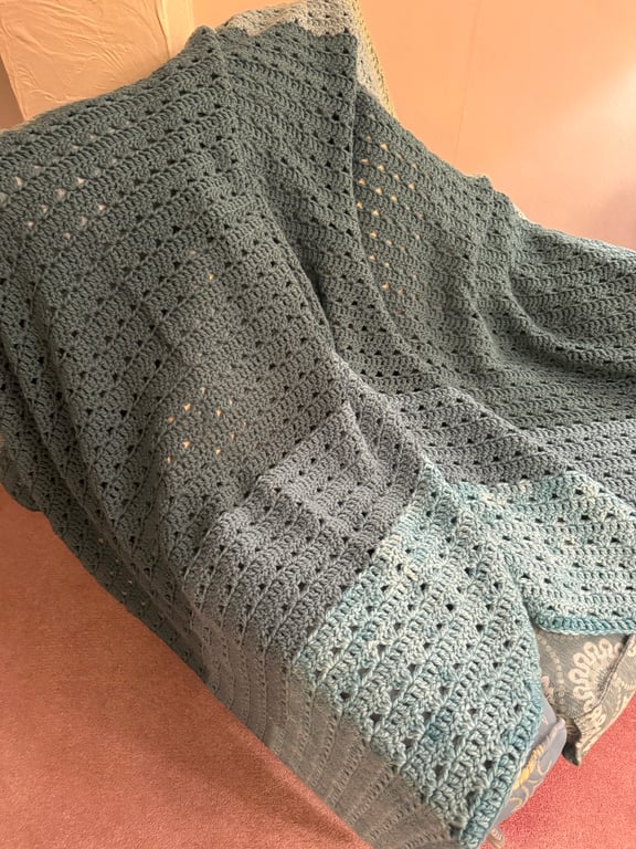 Handmade Large Crochet Throw - Sage & Teal Gradient
