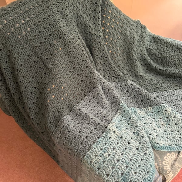 Handmade Large Crochet Throw - Sage & Teal Gradient