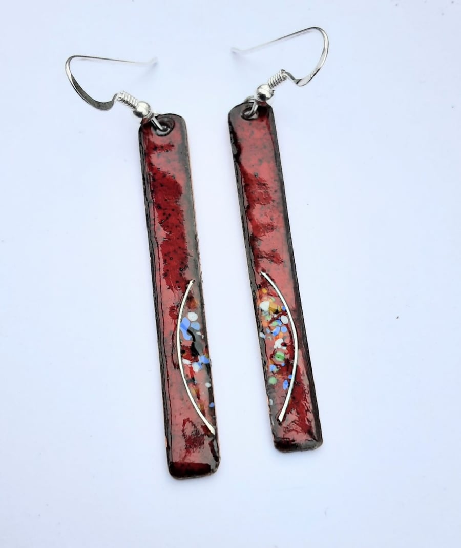LONG SLIM ENAMELLED EARRINGS WITH STERLING SILVER WIREWORK - DEEP RED