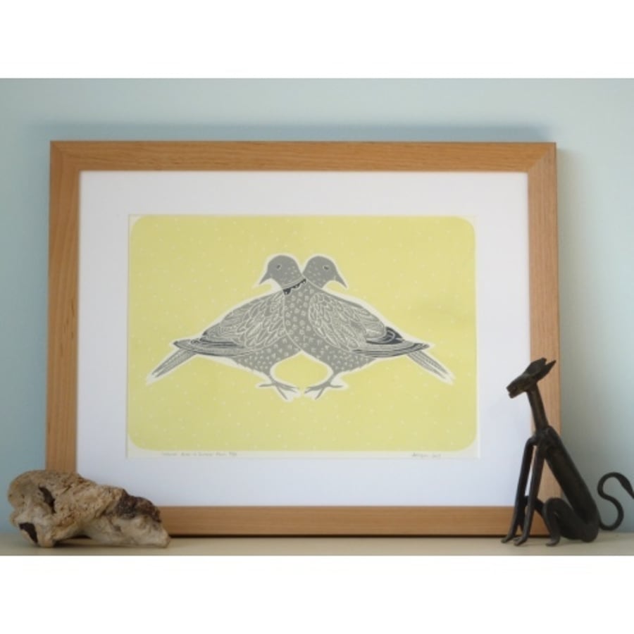 Original lino print "Collared Doves in Summer Rain"