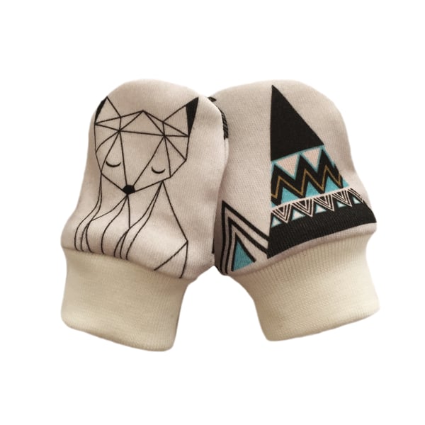 ORGANIC Baby SCRATCH MITTENS in GEOMETRIC FOXES & PYRAMIDS  A New Baby Gift