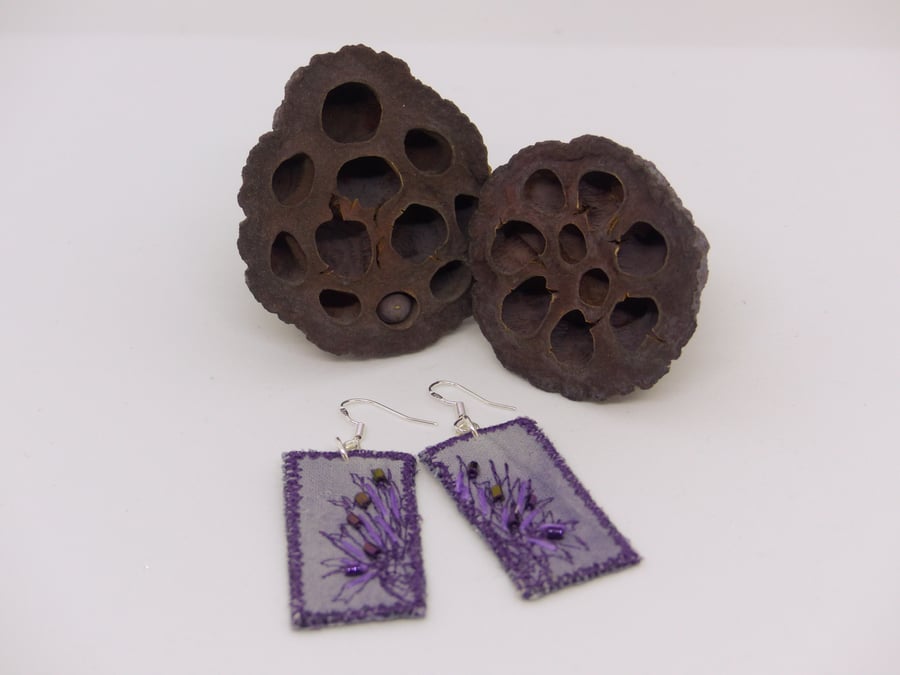 Purple eco-dyed and beaded earrings