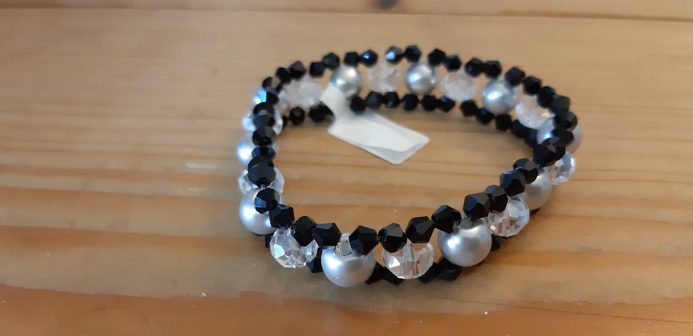 3 Layer Beaded Elastic Bracelet - Black and Silver