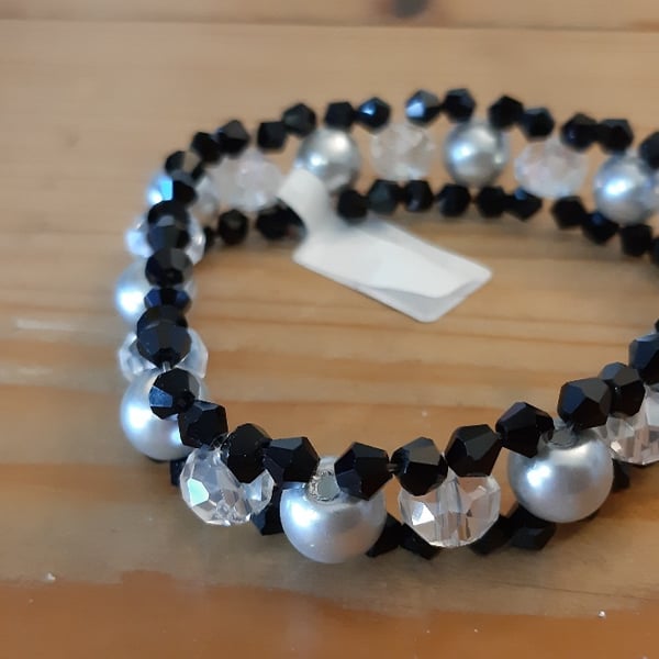 3 Layer Beaded Elastic Bracelet - Black and Silver