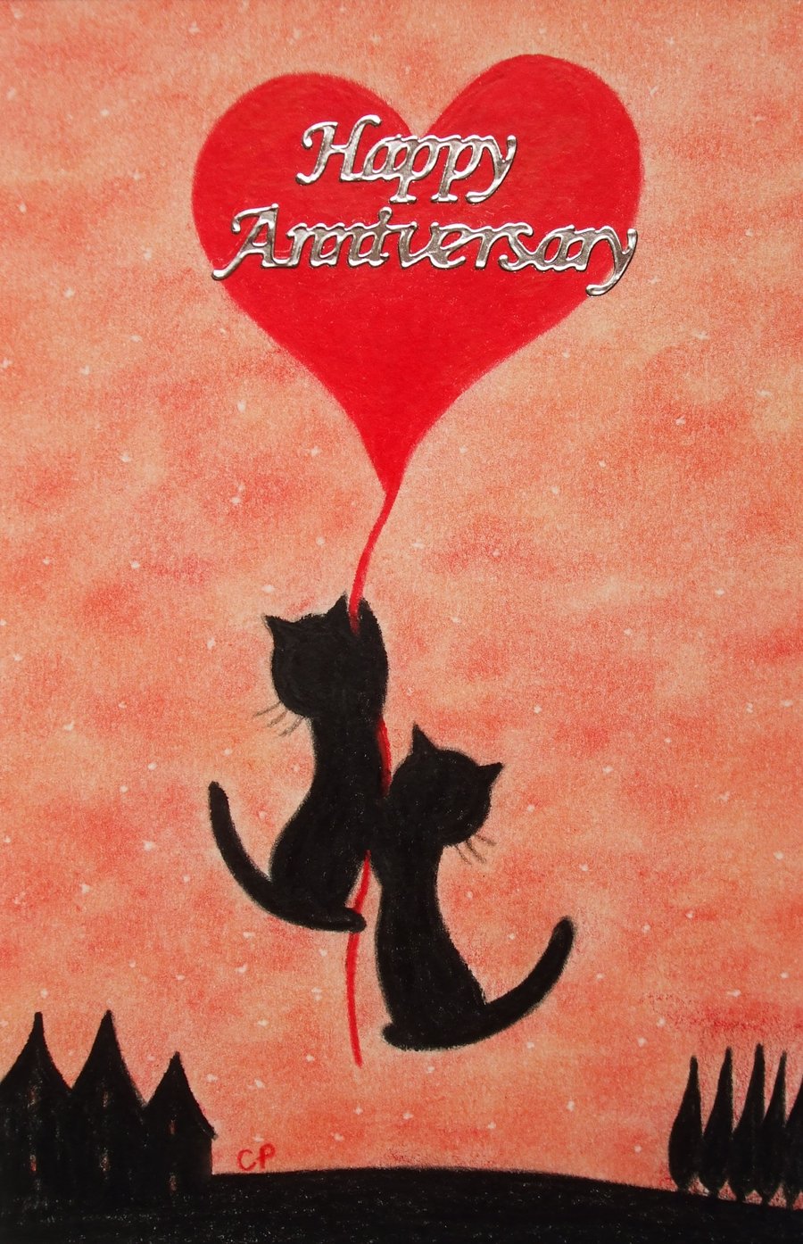 Anniversary Card, Cats Heart Card, Two Black Cats, Funny Art Card