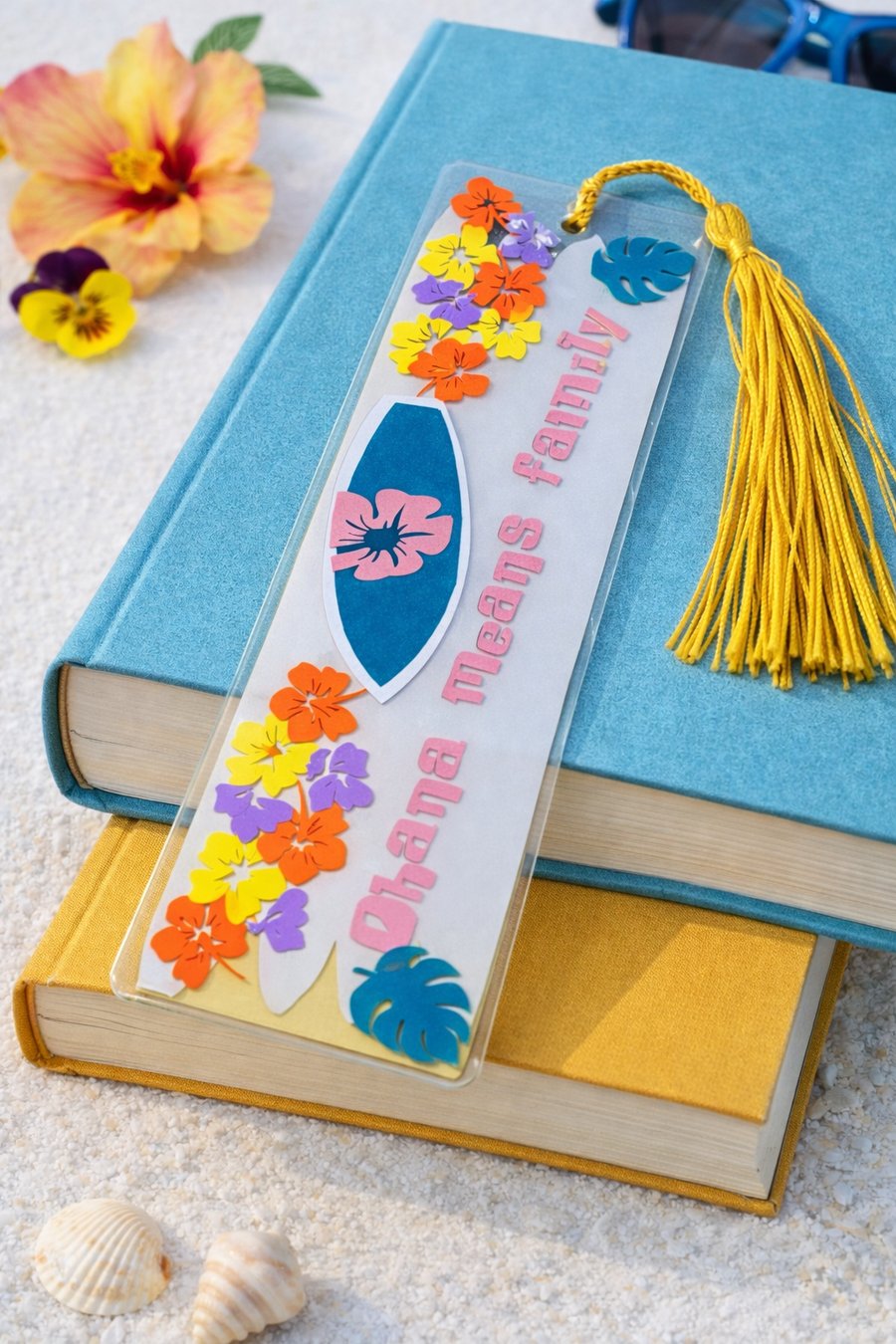 Handmade ‘Ohana Means Family’ Acrylic Bookmark – Tropical Floral Bookmark 