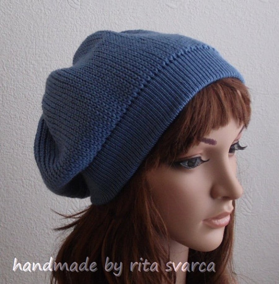 Knitted denim blue beret ,handmade hat for women, winter tam