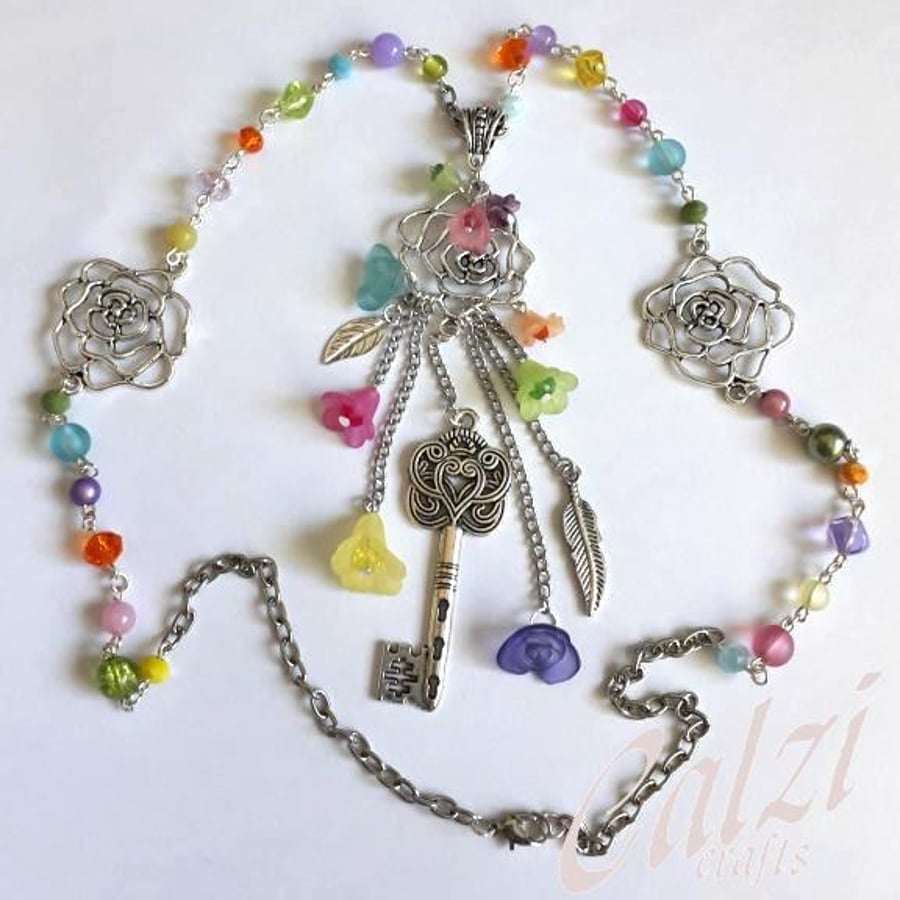 Boho Silver Tone Multi Coloured Flower & Key Charm Pendant Necklace